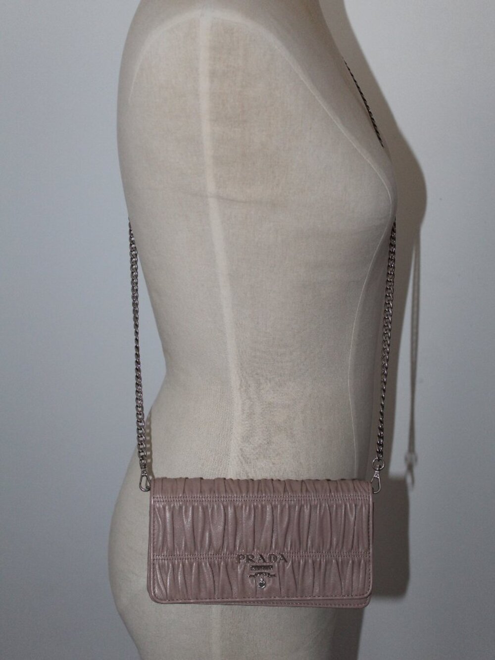 Prada Nappa Gaufre Wallet on a Chain Soft Pleated Leather Crossbody Shoulder Bag